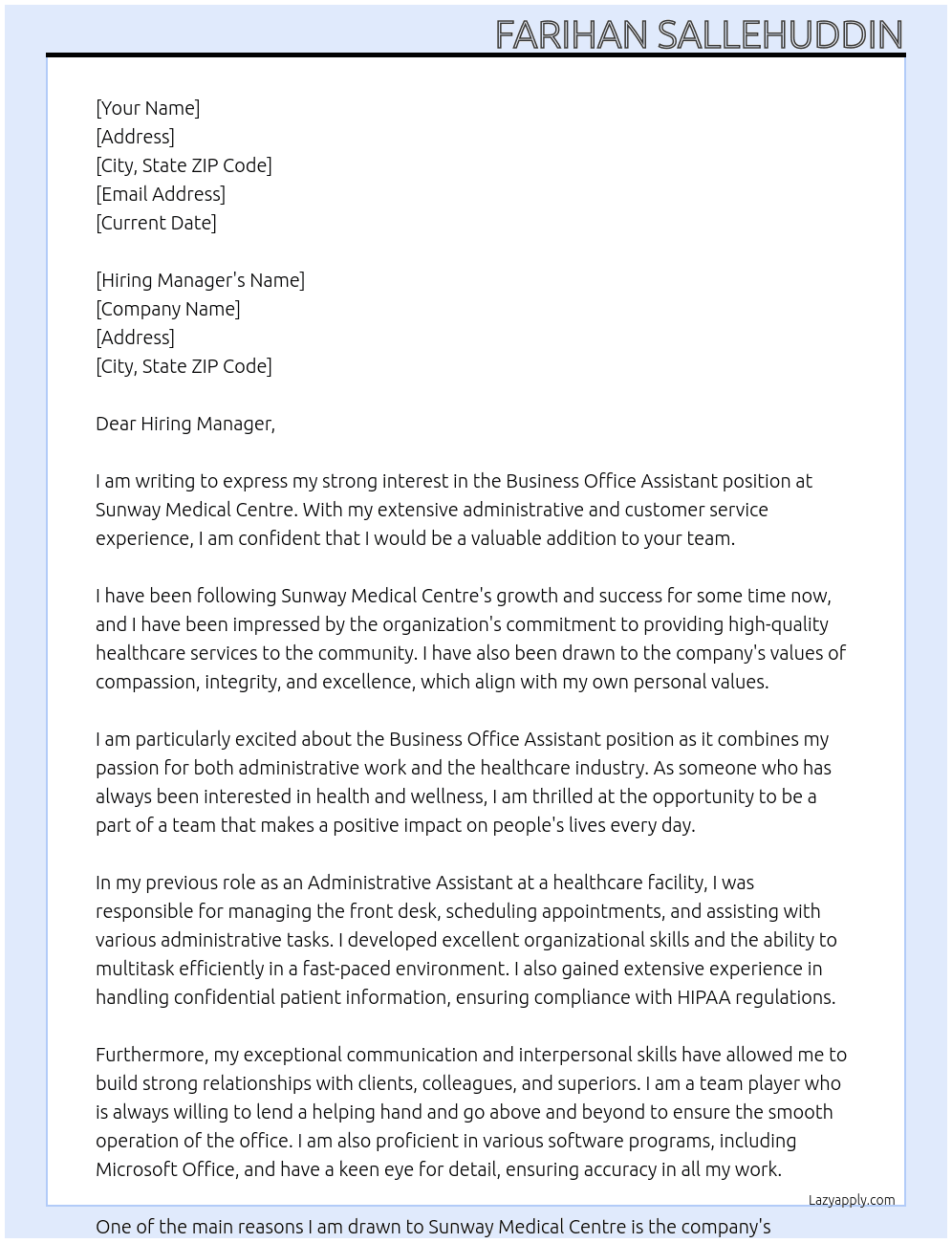 business office assistant At Sunway Medical Centre Cover Letter