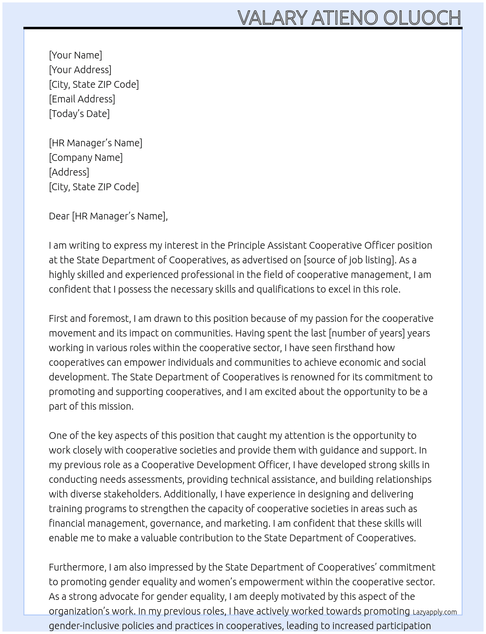 principle assistant cooperative officer At State Department of Cooperatives Cover Letter