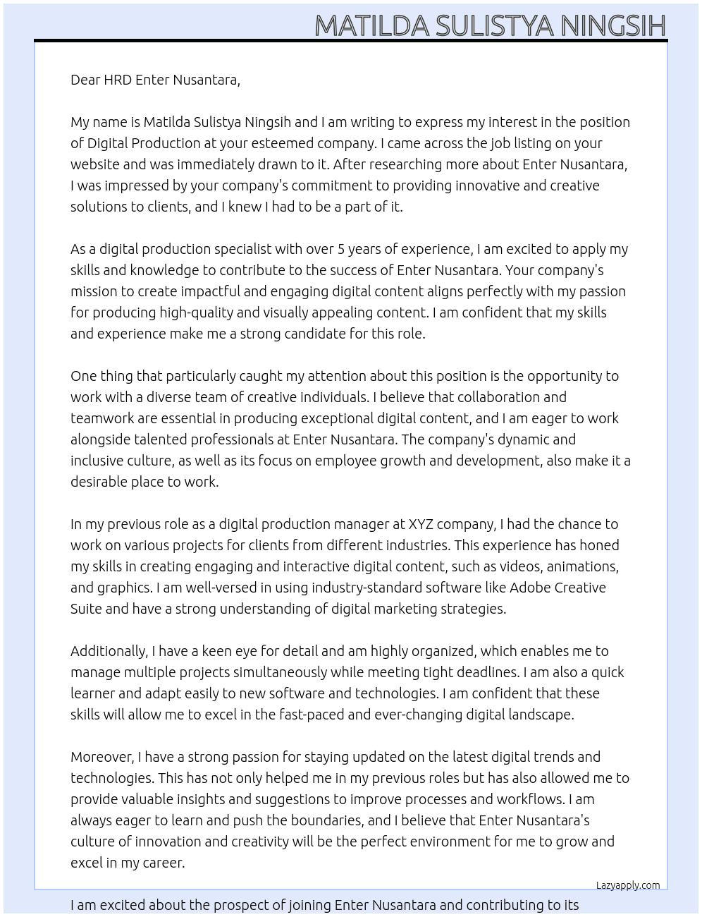 Digital Production At Enter Nusantara Cover Letter