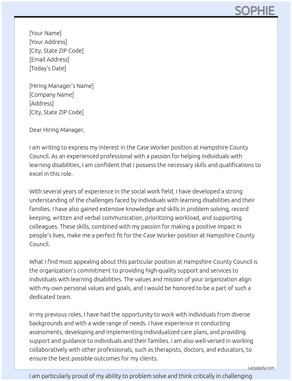 Case worker (learning disabilities)  At Hampshire county council  Cover Letter
