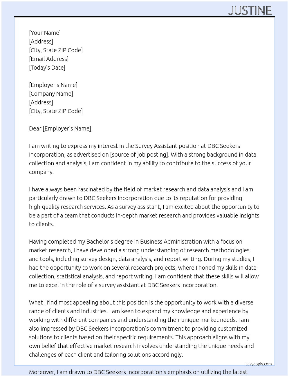 Cover letter for survey assistant - LazyApply