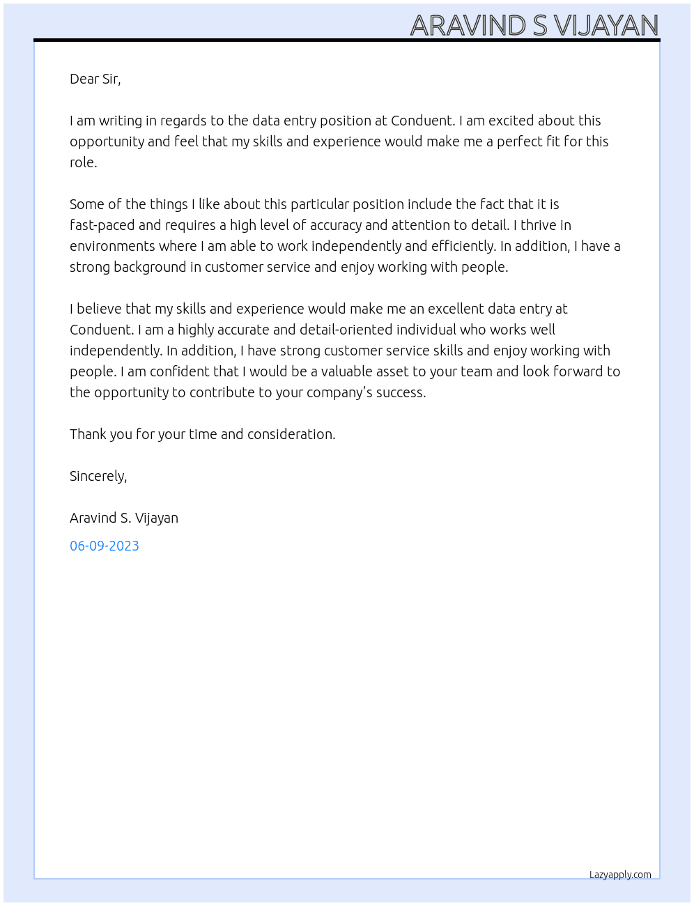 Data entry At Conduent Cover Letter