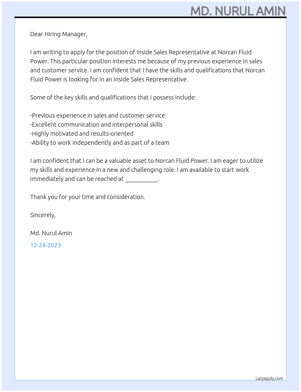 Inside Sales Representative At Norcan Fluid Power  Cover Letter