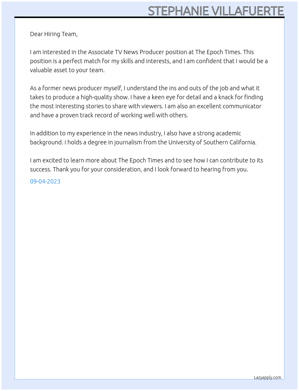 Associate TV News Producer At The Epoch Times Cover Letter