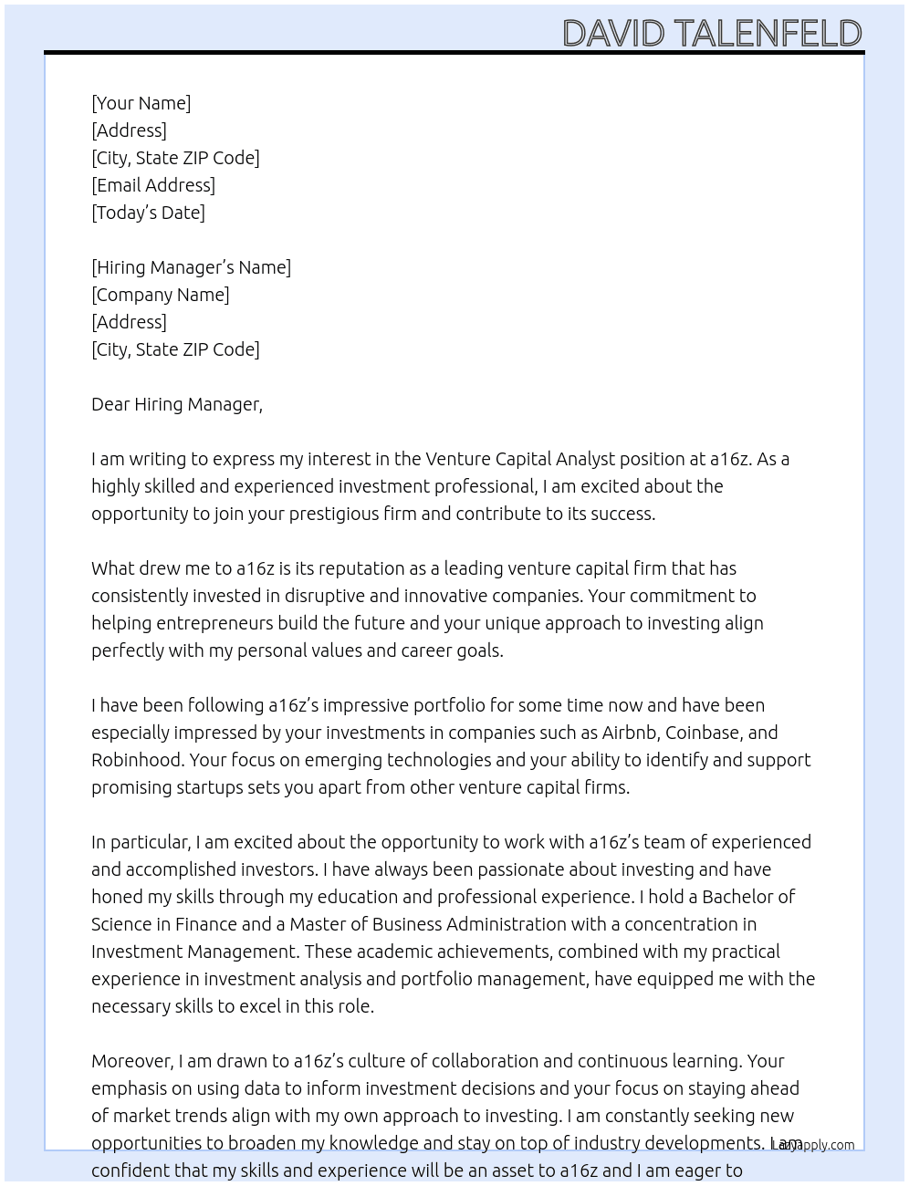 Venture Capital Analyst At a16z Cover Letter