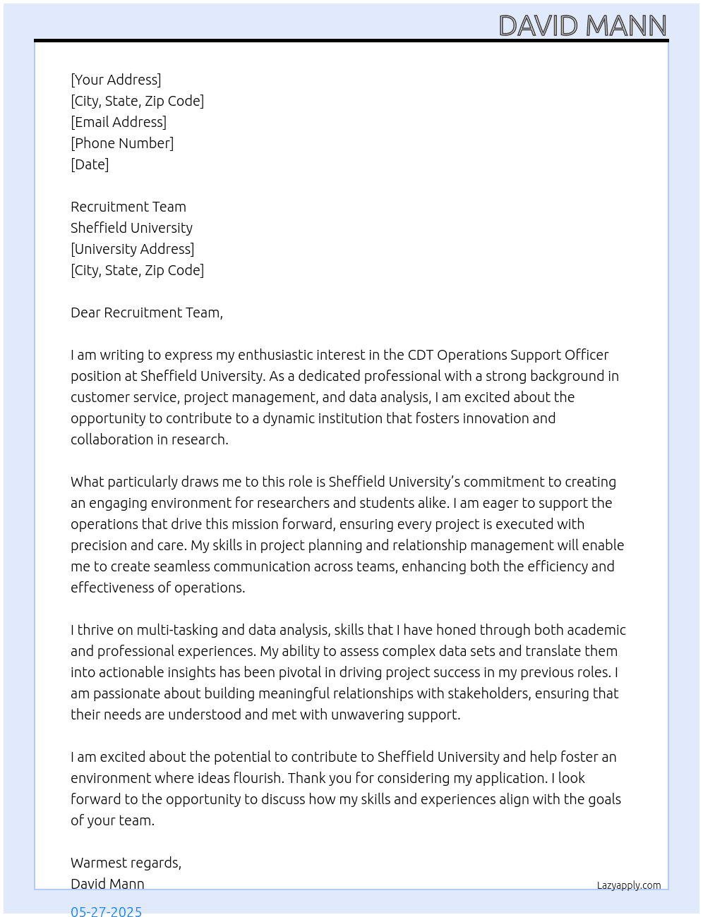 CDT Operations Support Officer  At Sheffield University  Cover Letter