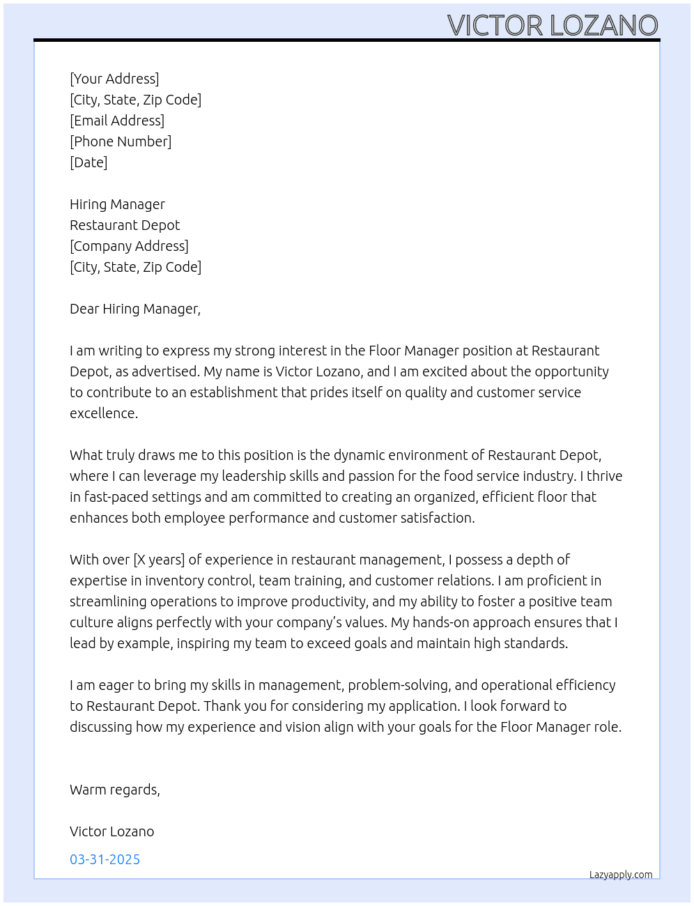 Floor manager  At Resturant depot Cover Letter