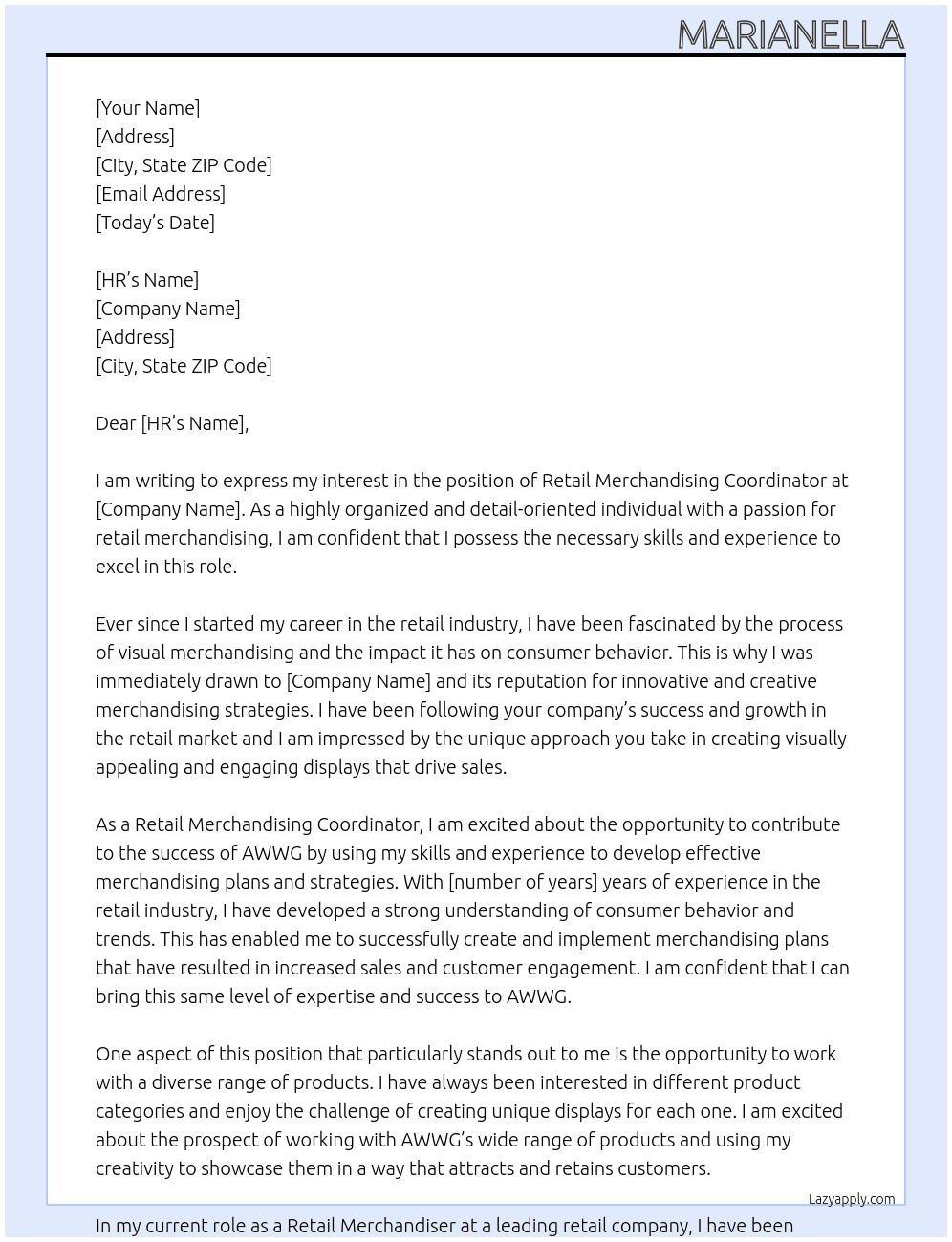Retail Merchandising Coordinator At AWWG Cover Letter