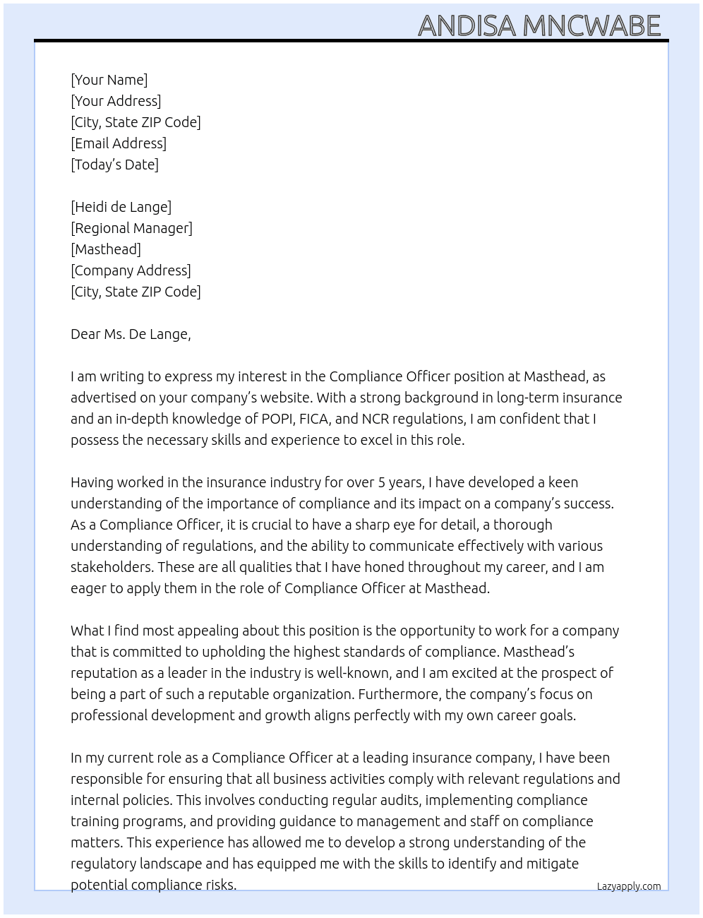 Compliance Officer  At Masthead  Cover Letter