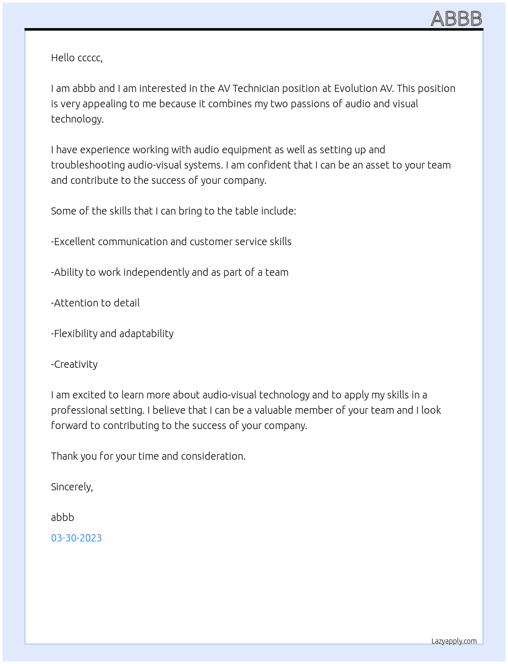 AV Technician  At Evolution AV Cover Letter