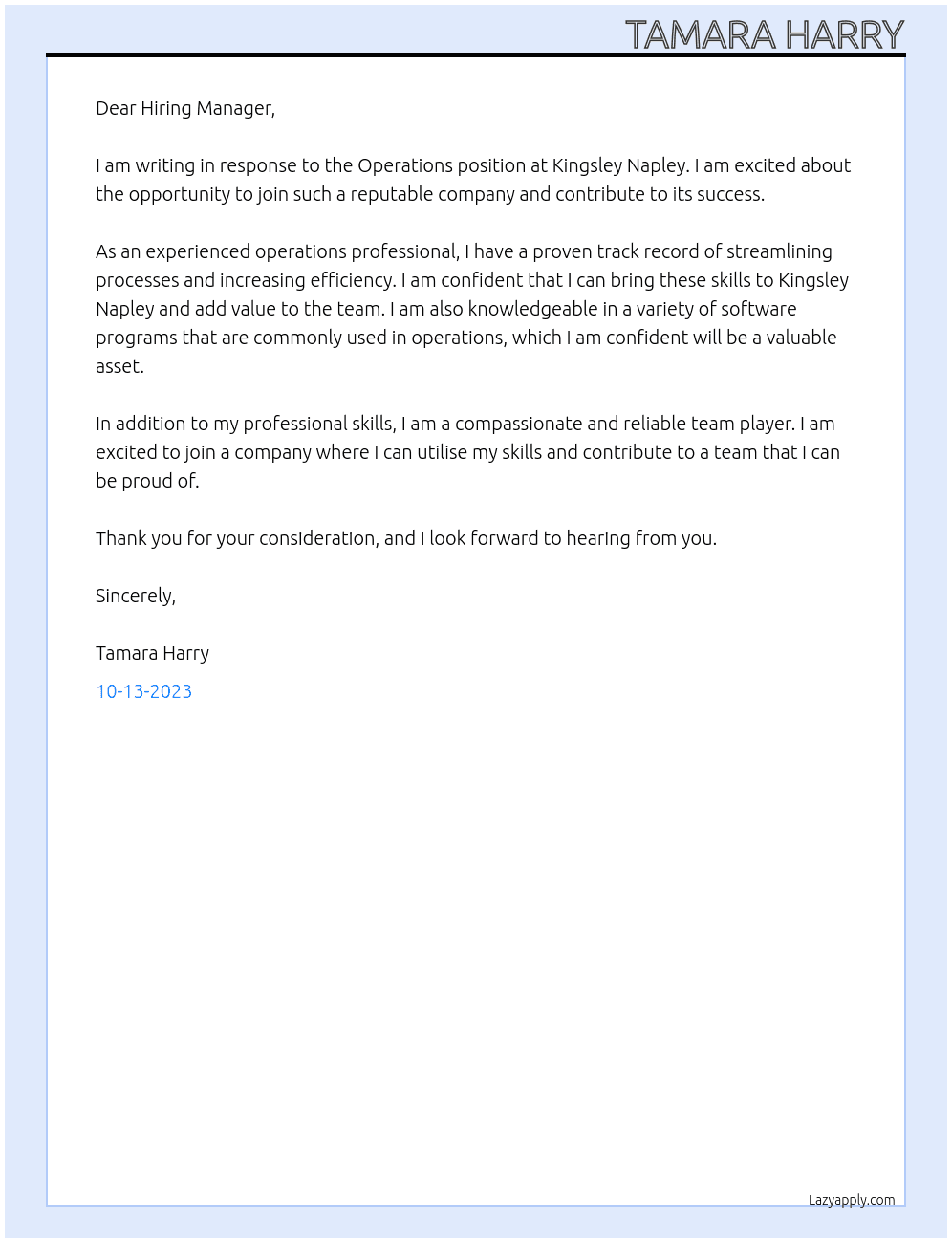 Operations At Kingsley Napley Cover Letter