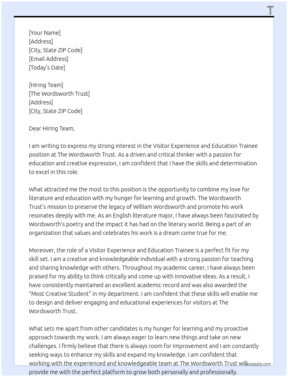 Visitor Experience and Education Trainee At The Wordsworth Trust Cover Letter