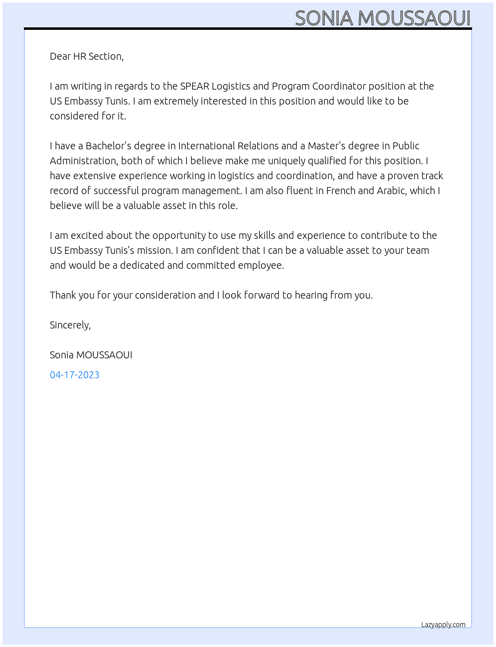 SPEAR Logistics and Program Coordinator At US Embassy Tunis Cover Letter