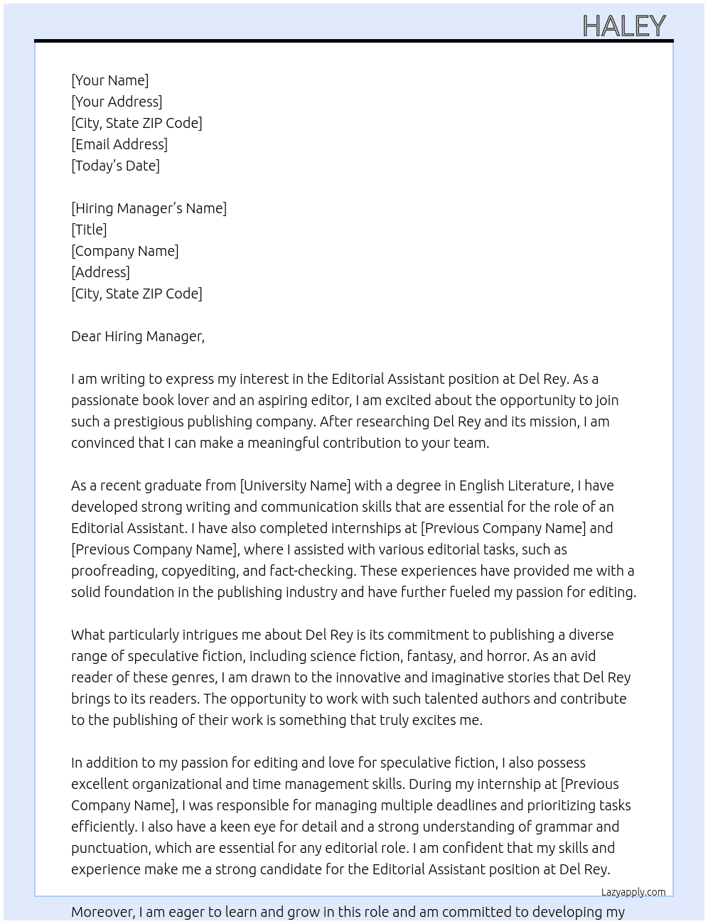 Editorial Assistant At Del Rey Cover Letter