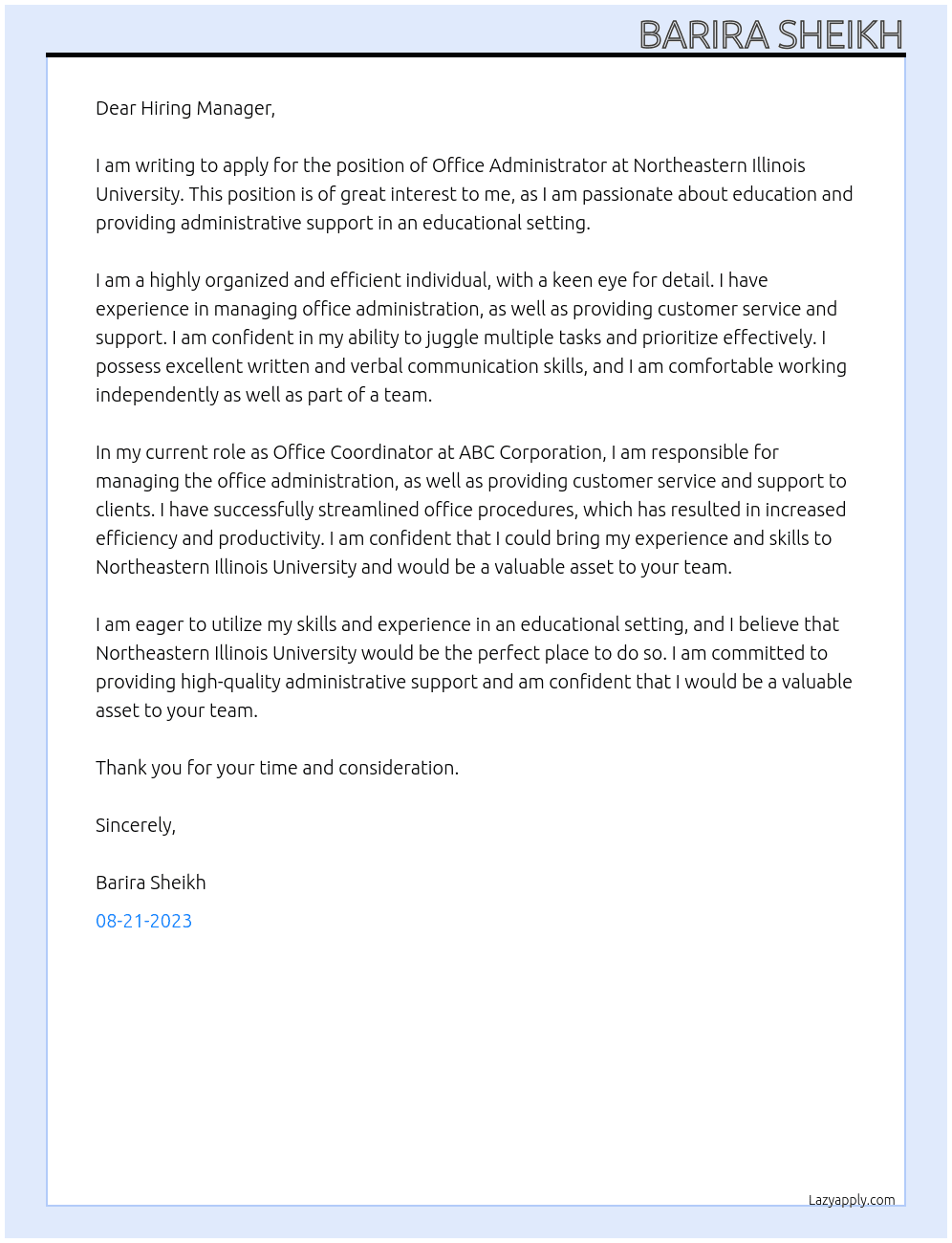 office administrator At northeastern illinois university presidents office  Cover Letter