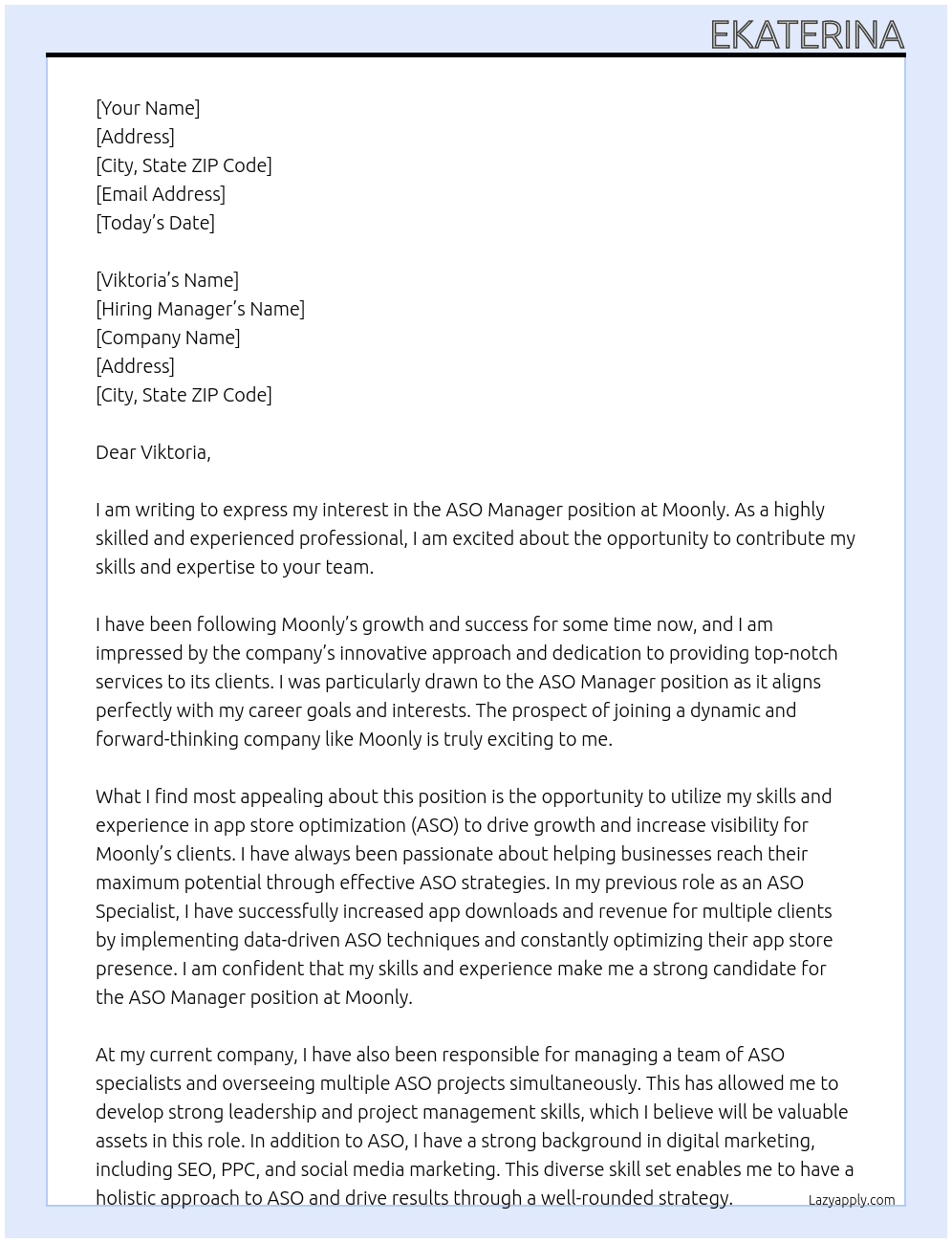 ASO manager At Moonly Cover Letter