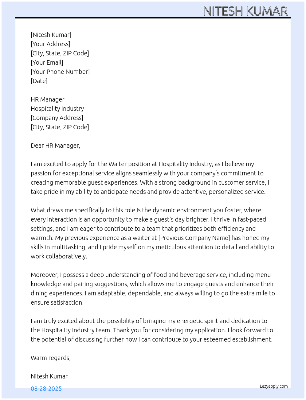 Waiter  At Hospitality industry  Cover Letter