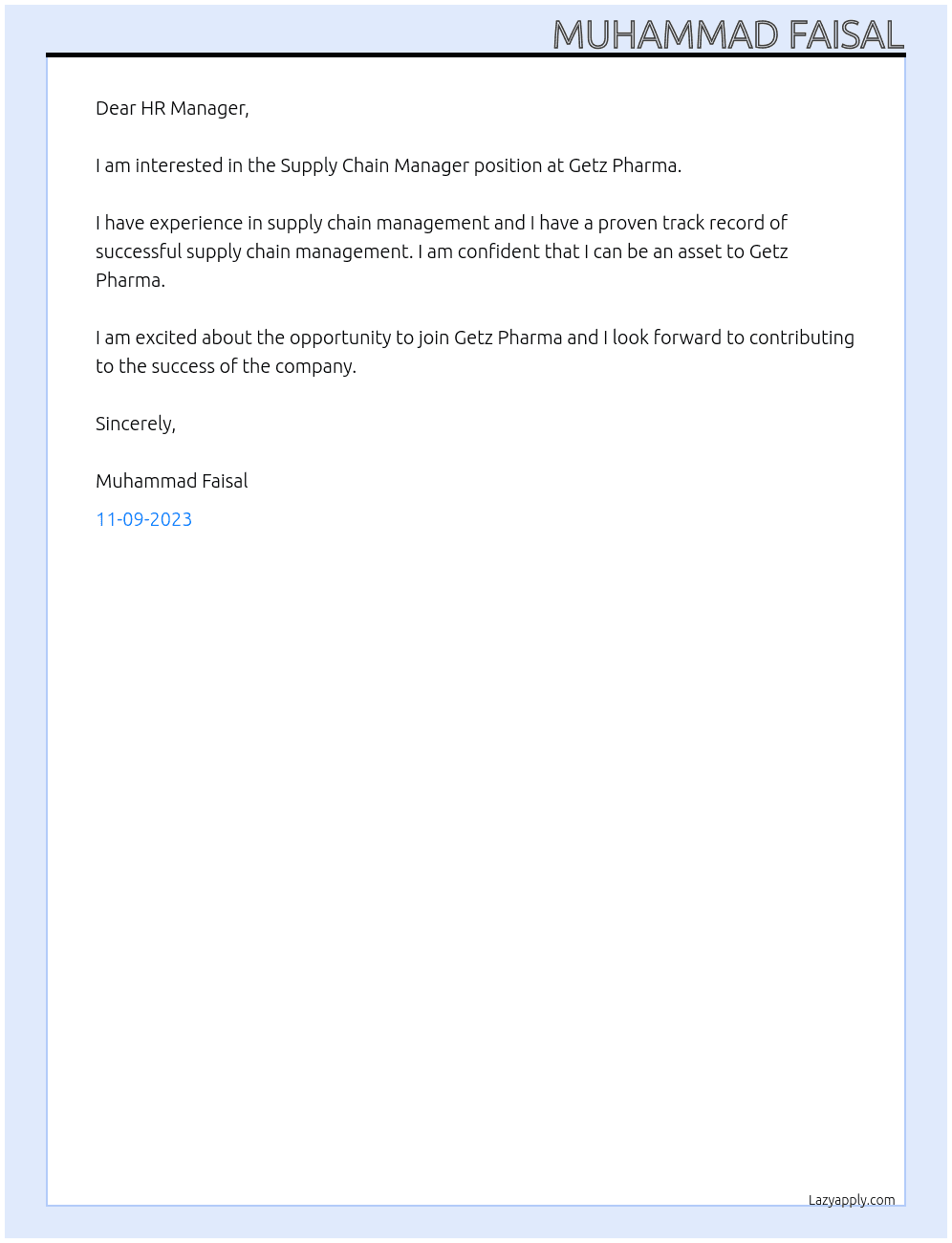 Supply chain Manager At Getz Pharma Cover Letter