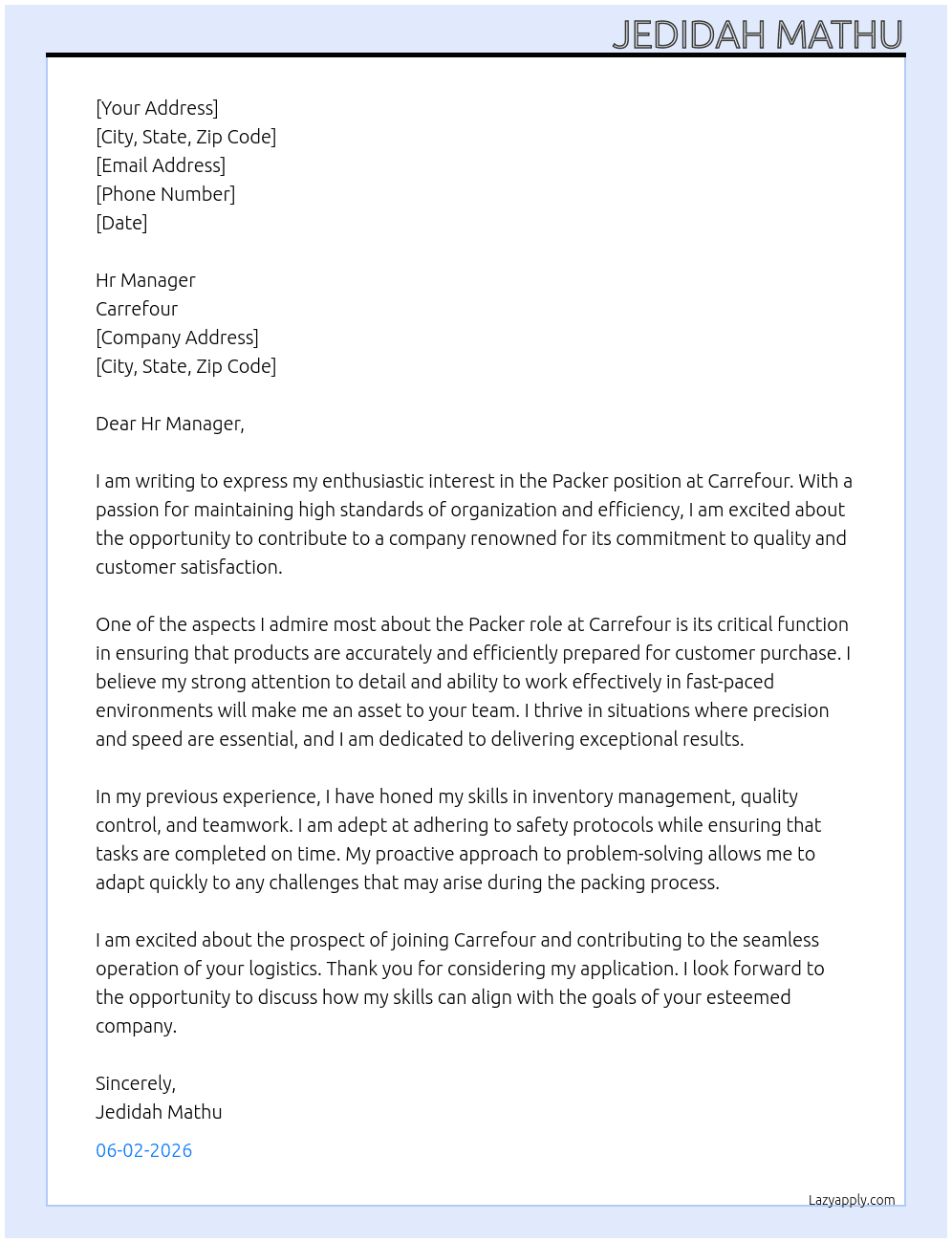 Packer  At Carrefour  Cover Letter