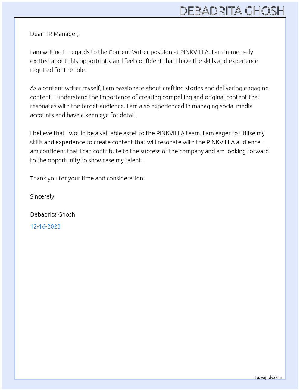 Content Writer At PINKVILLA Cover Letter
