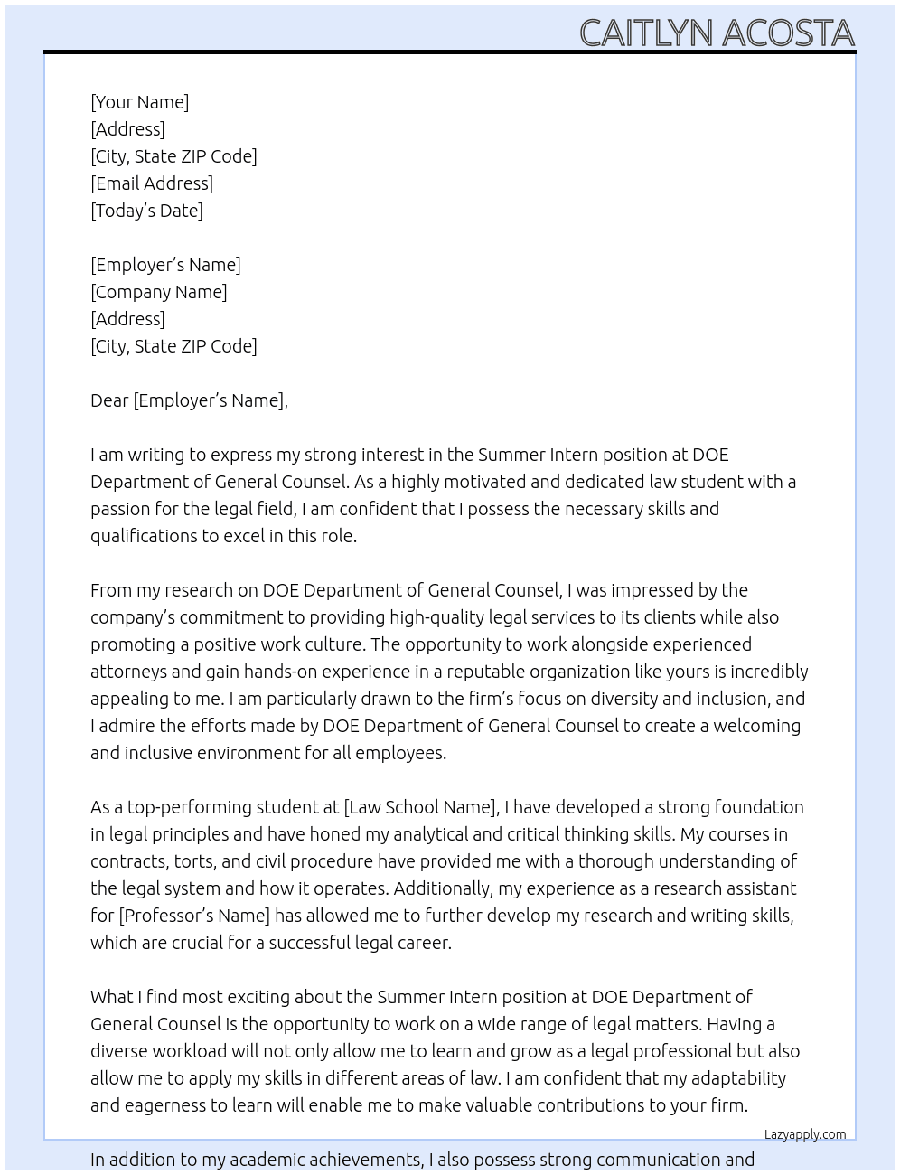 Summer Intern At DOE Department of General Counsel Cover Letter