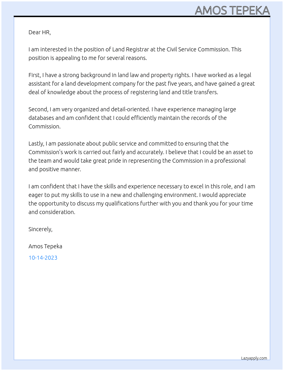 Land Registrar At Civil Service Comission Cover Letter