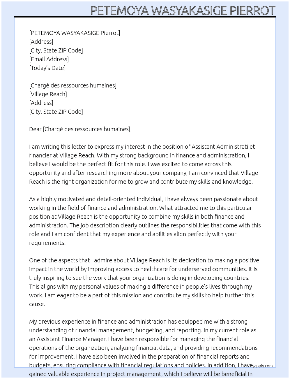 Assistant Administrati et financier  At Village Reach Cover Letter