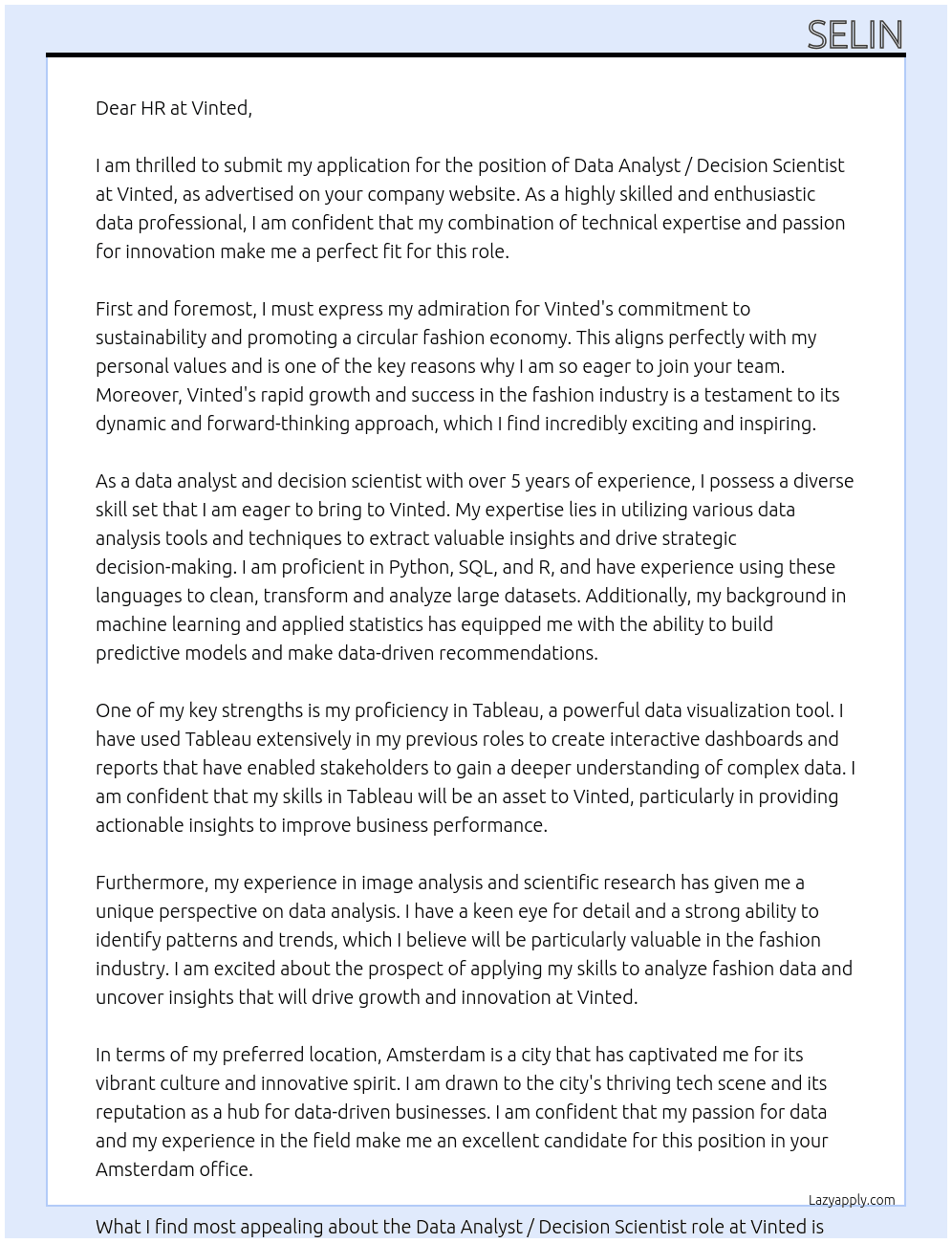 Data Analyst / Decision Scientist At Vinted Cover Letter