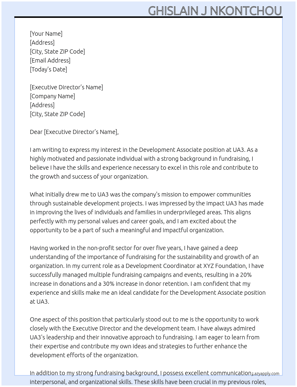  Development Associate At UA3. Cover Letter