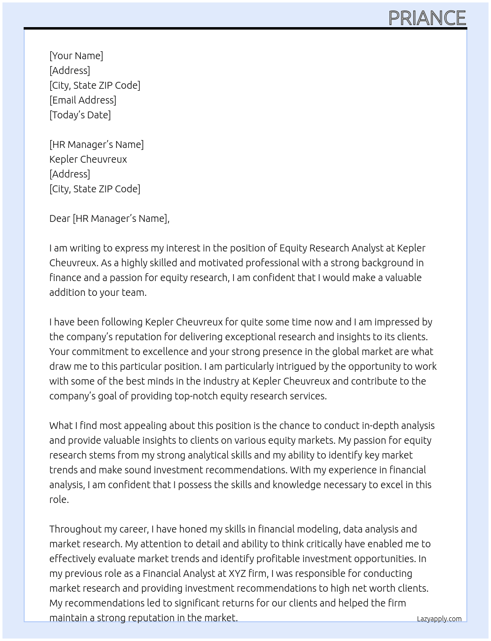 EQUITY RESEARCH ANALYST At Kepler Cheuvreux  Cover Letter