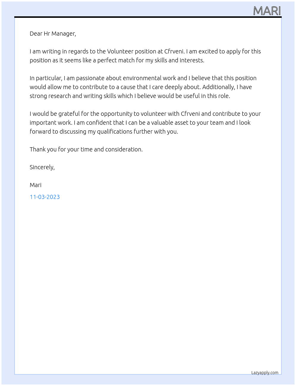 Volunteer At Cfrveni Cover Letter