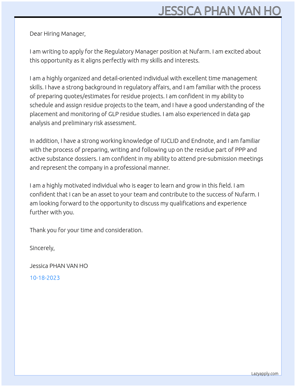 Regulatory manager At Nufarm Cover Letter