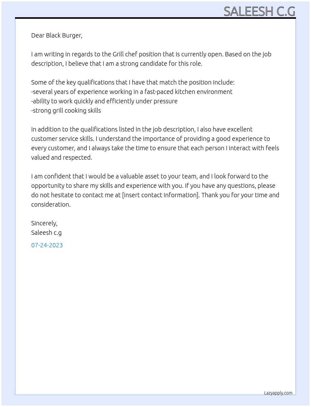 Grill chef At Black Burger Cover Letter