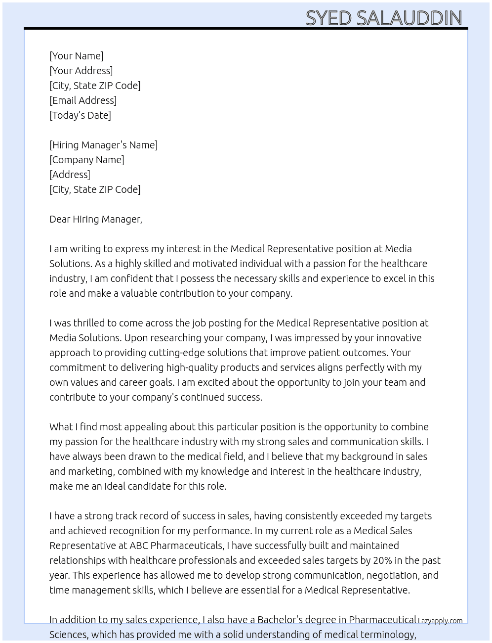 Medical representative  At Media solutions Cover Letter