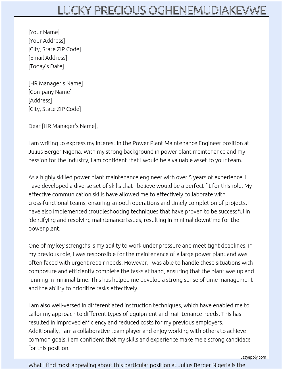 Power plant Maintenance Engineer At Julius Berger Nigeria  Cover Letter