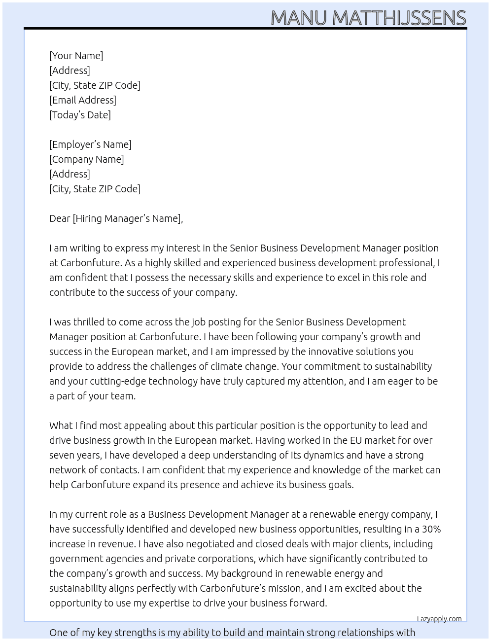 Senior Business Development Manager (EU) At Carbonfuture Cover Letter