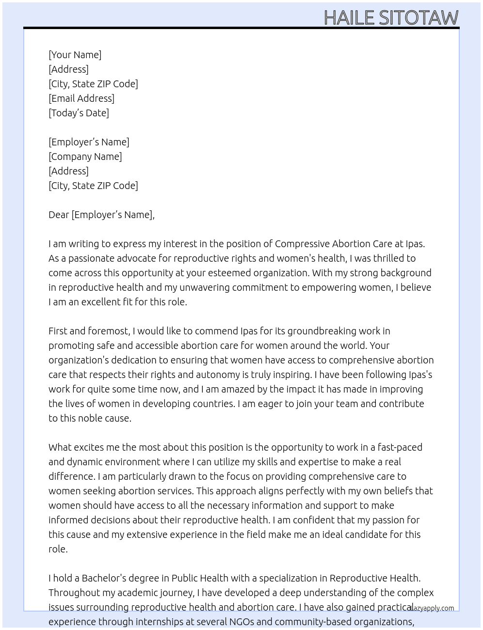 Compressive Abortion Care  At Ipas Cover Letter