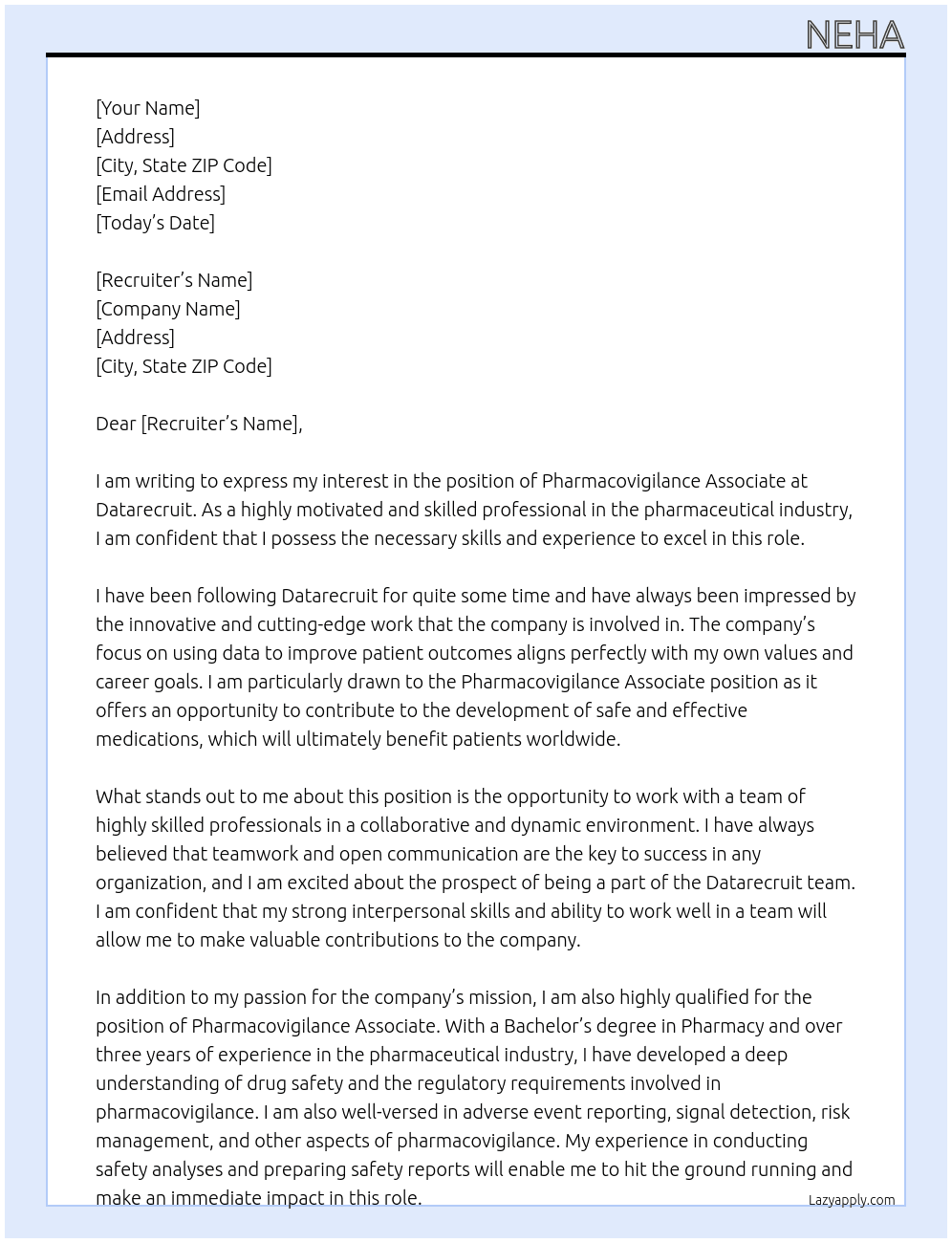 Pharmacovigilance associate At datarecuit Cover Letter