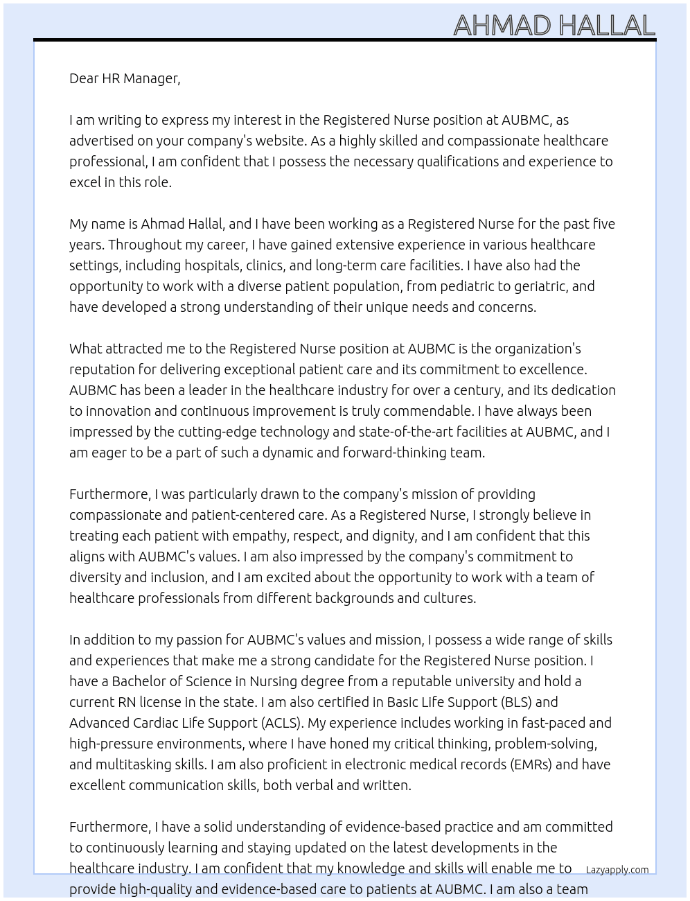 Registered nurse At AUBMC Cover Letter