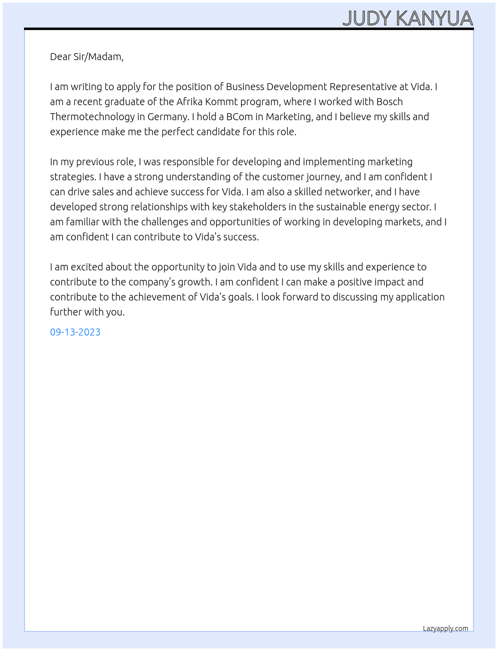 business development repebusiness  At vida  Cover Letter