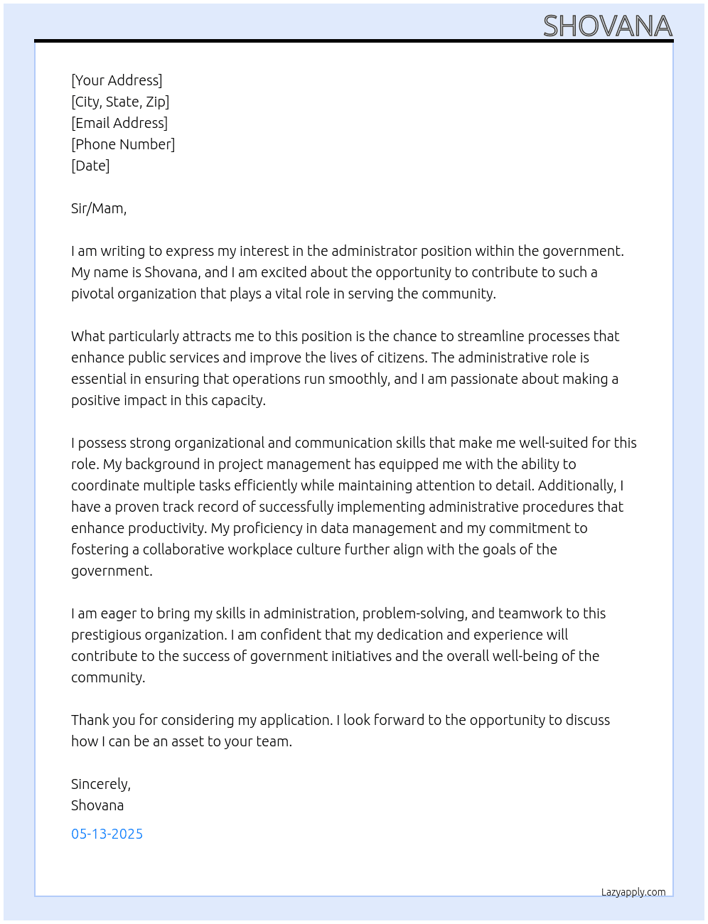administrator At goverment Cover Letter