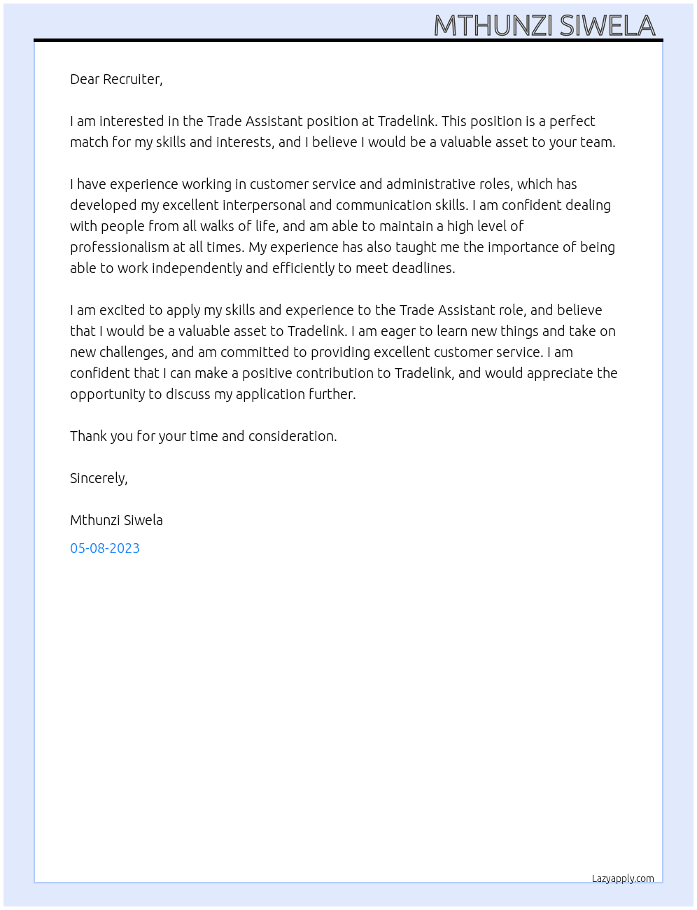 Trade Assistant At Tradelink Cover Letter