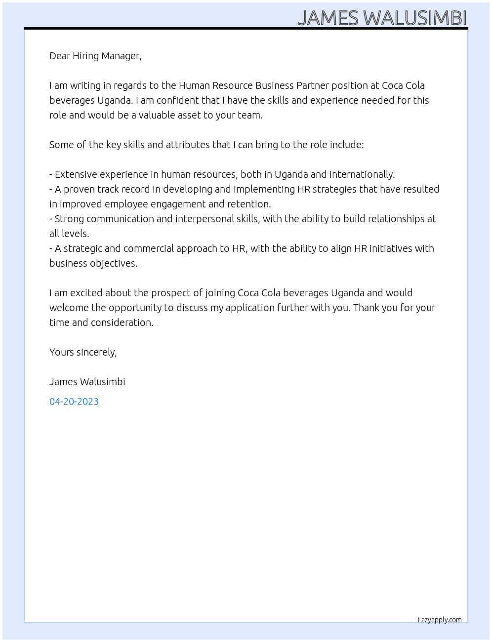 Human Resource Business Partner At Coca Cola beverages Uganda Cover Letter