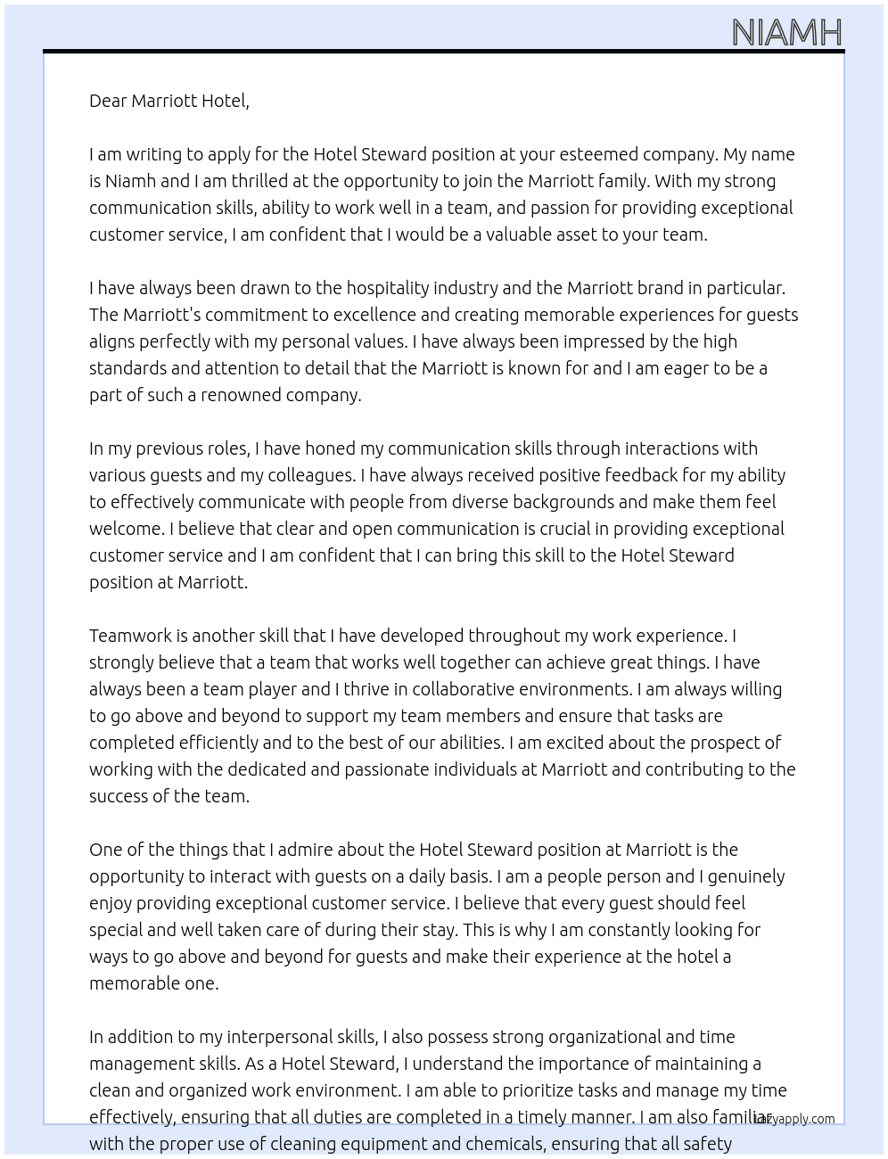 Hotel steward At Marriott hotel Cover Letter