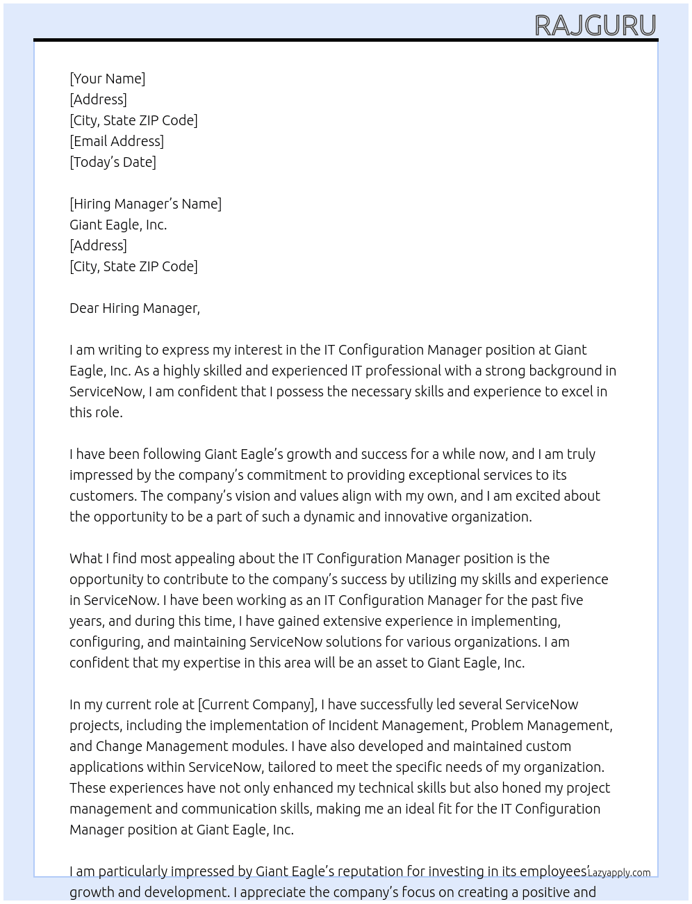 IT Configuration Manager At Giant Eagle, Inc Cover Letter