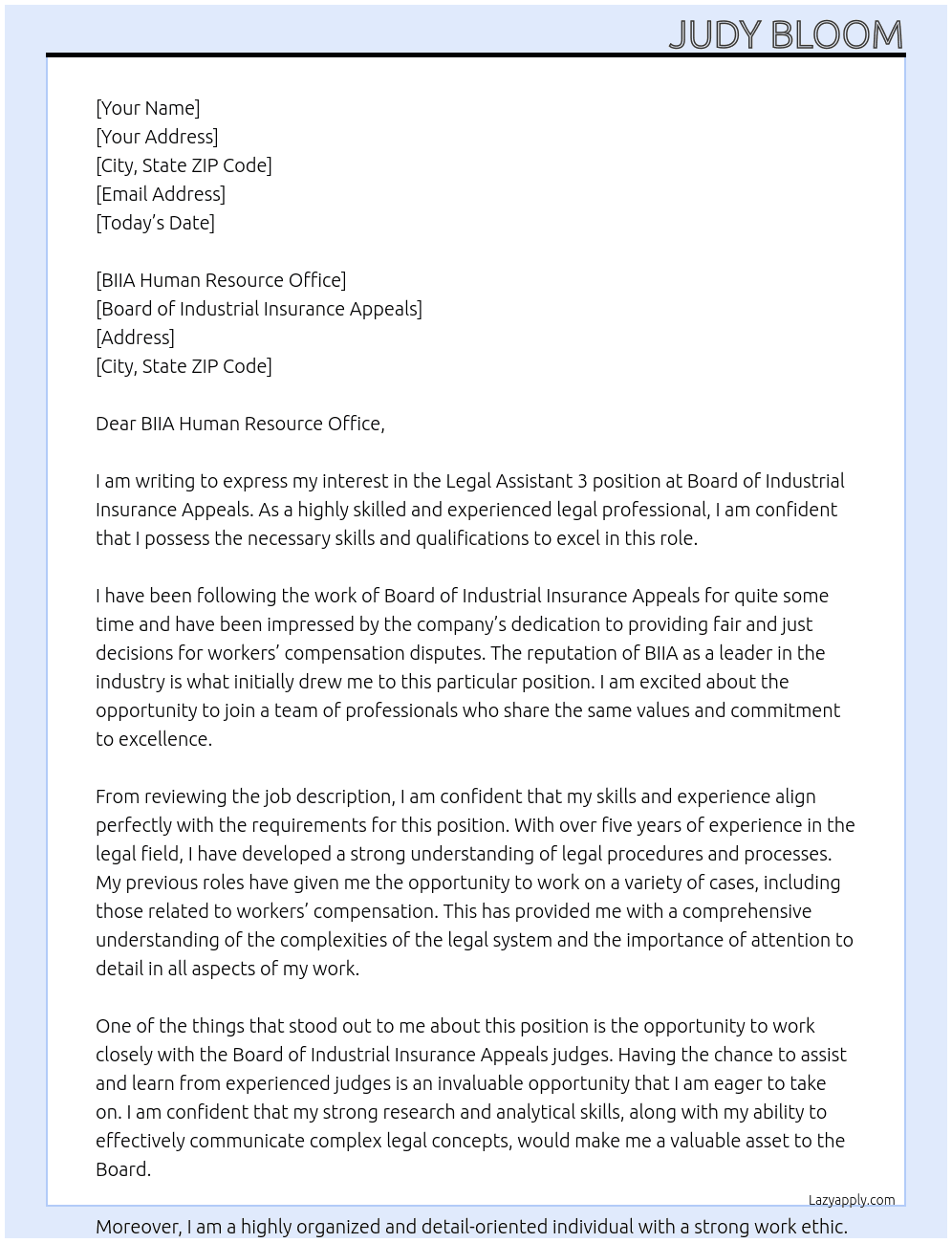Legal Assistant 3 At Board of Industrial Insurance Appeals Cover Letter