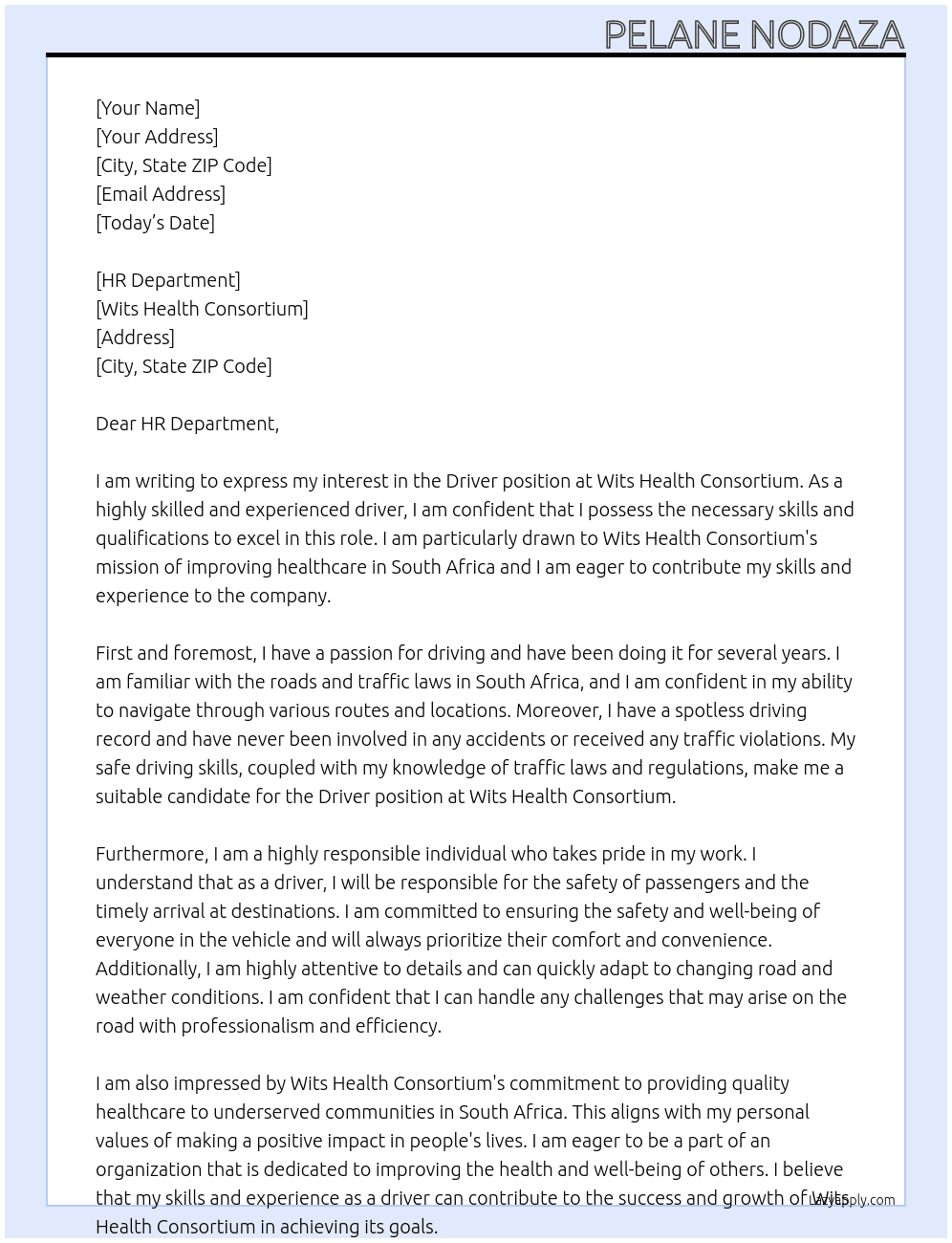 Driver Position At Wits Health Consortium Cover Letter