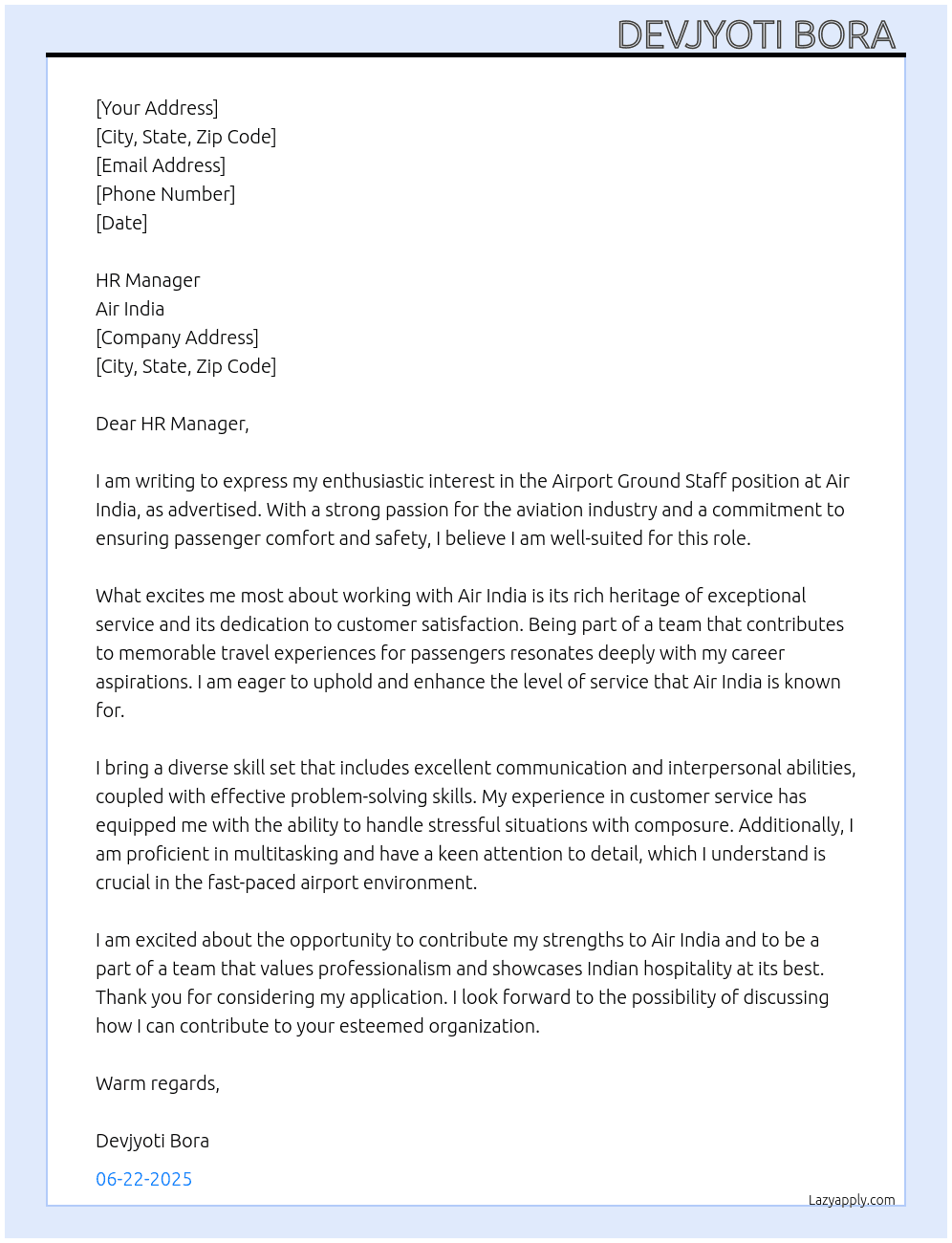 Airport Ground Staff At Air India  Cover Letter