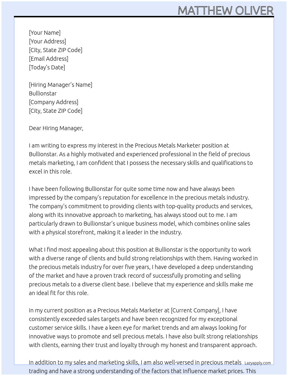 Precious Metals Marketer At Bullionstar Cover Letter