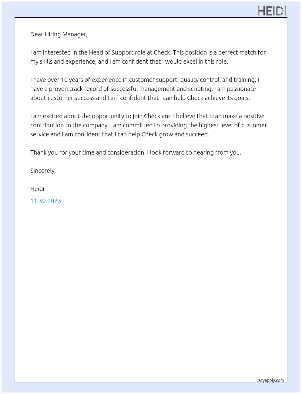 Head of Support At Check Cover Letter